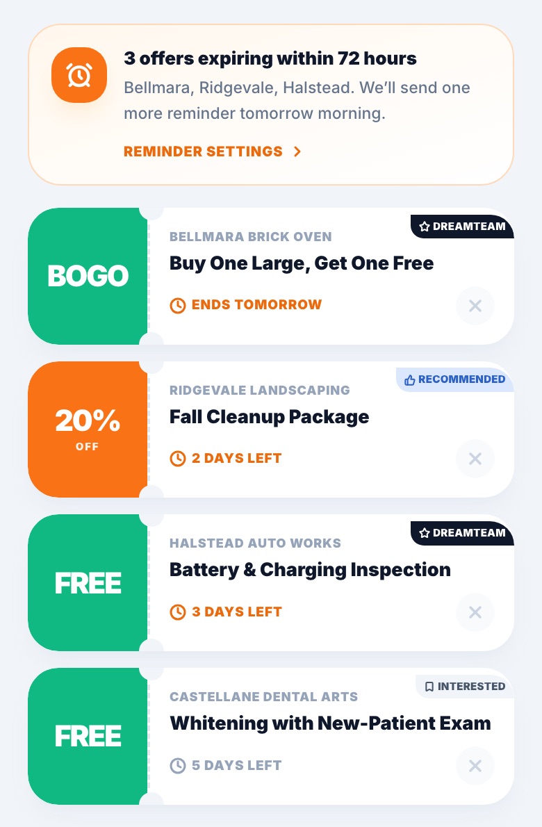 The wedici wallet: four active offers worth $214 saved this year, a reminder that three expire within 72 hours, and cards from Bellmara Brick Oven, Ridgevale Landscaping, Halstead Auto Works and Castellane Dental Arts.