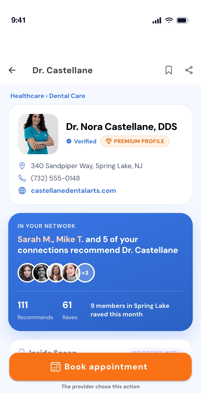 A wedici provider profile on a phone: Dr. Nora Castellane, DDS in Spring Lake, New Jersey, marked Verified with a Premium Profile badge, showing that Sarah M., Mike T. and five more of your connections recommend her, 111 recommends, 61 raves, and a Book appointment button.